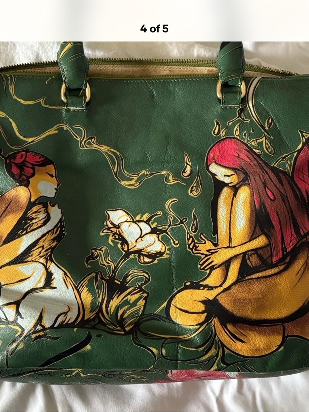 Leather Green Fairy Floral Print Satchel Top Handle Bag Zip Closure Artistic Bag - Picture 4 of 8